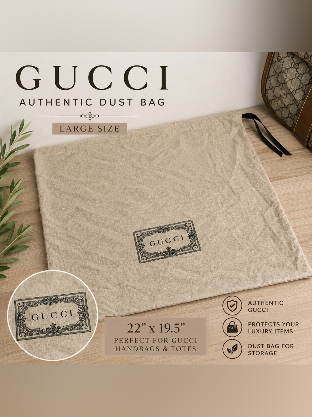 Gucci Beige Drawstring Dust Bag with Black Logo